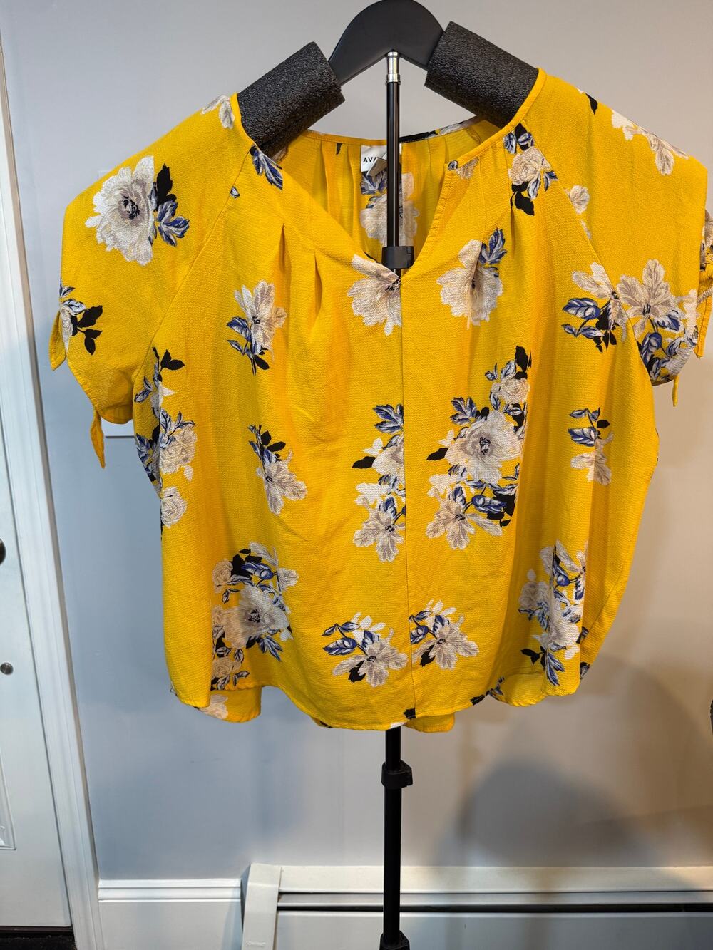 Ava & Viv Floral Tie Sleeve Blouse Women's 3X Yellow Crepe EUC